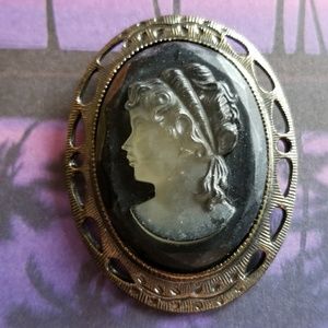 Vintage cameo brooch gold tone pin black silver tone goth big gothic